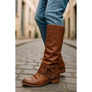 Not Rated Womens Brown Faux Leather Tall Knee High Chain Embellished Boots‎ Sz 7